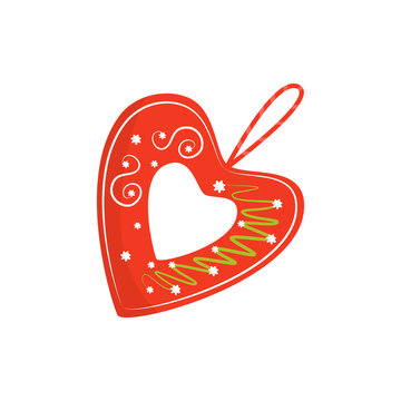 Flat vector icon of bright red licitar heart. Traditional authentic Croatian souvenir. Decorative element for Christmas tree