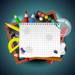 Obraz premium School Supplies Art and empty white paper on blue background, vector illustration