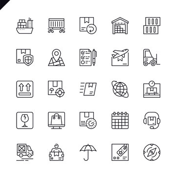 Thin line logistics, delivery, transportation icons set for website and mobile site and apps. Outline icons design. 48x48 Pixel Perfect. Linear pictogram pack. Vector illustration.
