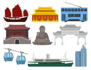 Flat vector set of Hong Kong travel elements. Traditional and modern Chinese building, statue of Big Buddha, popular transport