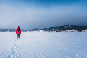 Woman Walking Lonely on a Frozen Lake during Cold Winter Day
