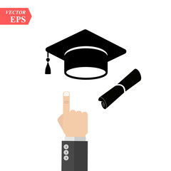 Fototapeta na wymiar graduation cap and diploma black web icon. vector illustration. A hand pointing to graduation cap icon.