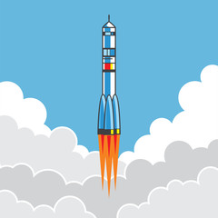 The rocket flies through clouds up.