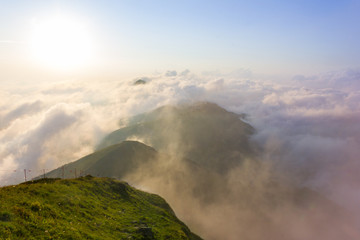 At the top of the mountain at sunset high in the mountains of Sochi, Russia, 08/22/2017
