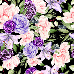 Watercolor pattern with peony, rose flowers and  lily. 
