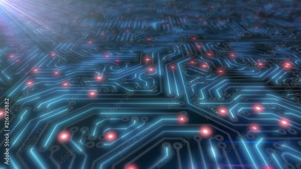 Poster seamless looping animated bluish glowing circuit board texture in 4k resolution