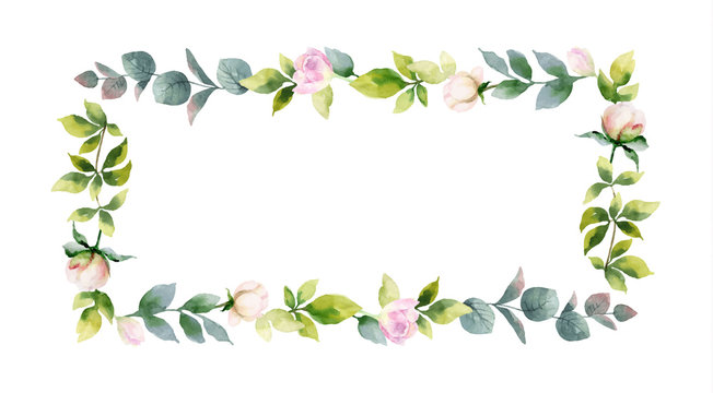 Watercolor vector hand painting frame of peony flowers and green leaves.