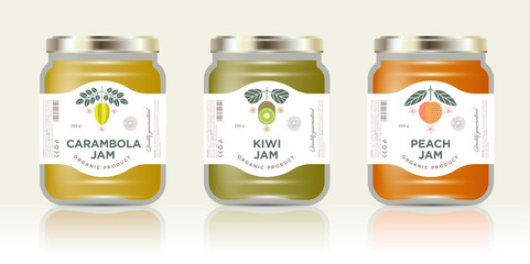 Three jars with labels fruit jam. Three jars mockup. Carambola or star fruit, kiwi, peach jam packaging. Premium design. The flat original illustrations on the minimalist labels.