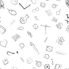 Seamless pattern with cute hand drawn educational tools including pencil, globe and others. Vector hand drawn back to school collection
