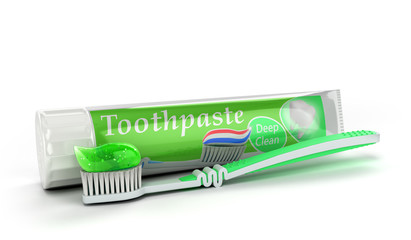 modern concept of the design of a tube of toothpaste toothpaste tube with toothbrush 3d render on white