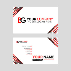 Horizontal name card with BG logo Letter and simple red black and triangular decoration on the edge.