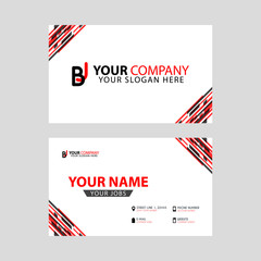 Horizontal name card with BJ logo Letter and simple red black and triangular decoration on the edge.