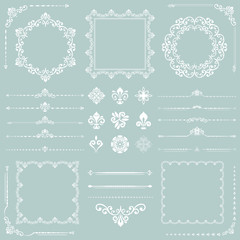 Vintage set of horizontal, square and round white elements. Different elements for decoration design, frames, cards, menus, backgrounds and monograms. Classic patterns. Set of vintage patterns
