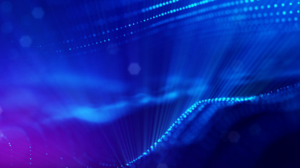 blue particles form line and surface grid. microcosm or space. 3d rendering science fiction background of glowing particles with depth of field and bokeh. Curved lines 3