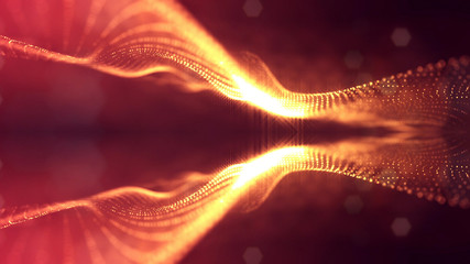 Fototapeta premium Golden red particles form line and surface grid. microcosm or space. 3d rendering science fiction background of glowing particles with depth of field and bokeh. symmetrical structures 9