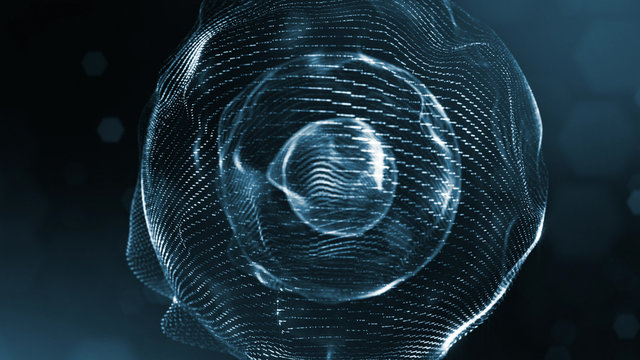 blue particles form line and surface grid. microcosm or space. 3d rendering science fiction background of glowing particles with depth of field and bokeh. spherical structures 7