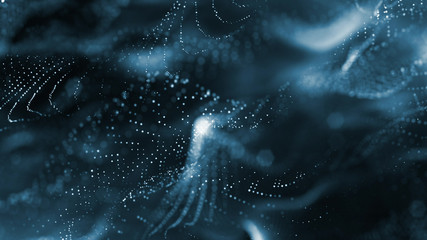 blue particles form line and surface grid. microcosm or space. 3d rendering science fiction...
