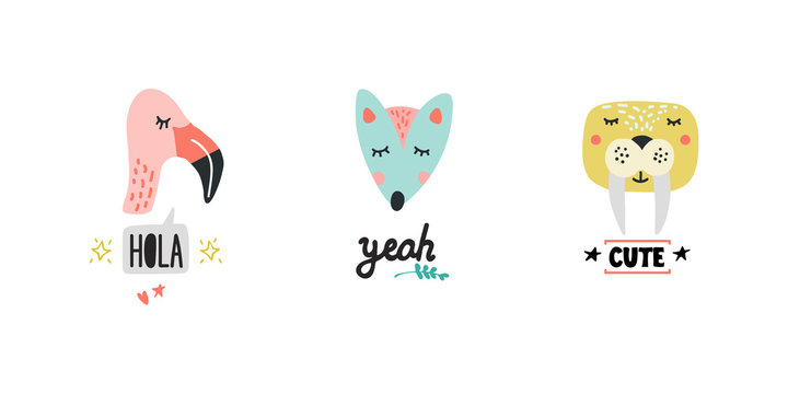 Cute Animals Heads Vector Illustrations