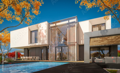 3d Rendering Of Modern Cozy House In The Garden With Garage For