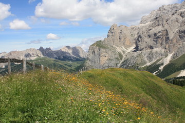 Bergpanorama in den Alpen mit grünen Wiesen vor blauem Himmel und weißen Wolken