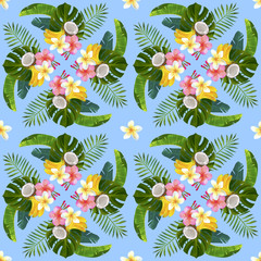 Square seamless watercolor pattern for textile, ceramic tiles and design. Colorful painting kaleidoscope of tropical leaves, flowers. Hand drawn pattern, print, tropical background.