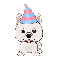 Festive poster. Puppy in a Party hat. Vector illustration.Eskimo Dog or Spitz.