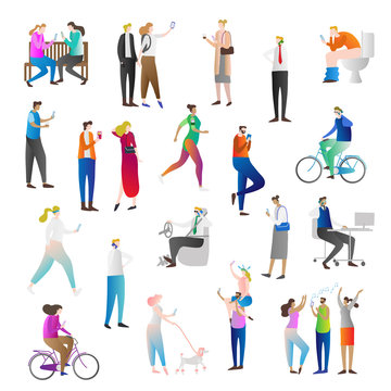 People with cell phones vector illustration icon collection set. Human holding smart phone to talk, chat, messaging, take selfie, picture or face time. Modern technology.