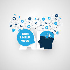 Can I Help You - Global AI Assistance, Automated Support, Digital Aid, Deep Learning and Future Smart Technology Concept Design with Human Head - Vector Illustration
