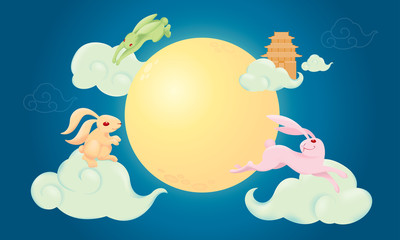 Chinese Mid Autumn Festival design with the full moon and rabbits. 