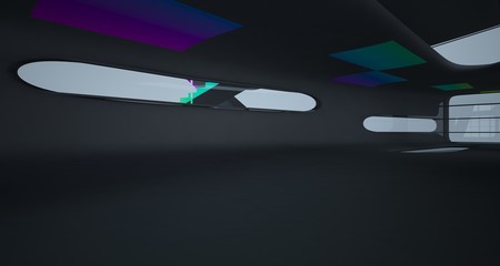Abstract dynamic interior with black and colored gradient smooth objects. 3D illustration and rendering