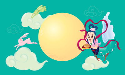 Naklejka premium Chinese Mid Autumn Festival design with the goddess Chang Er and rabbits. 