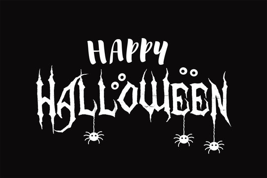Happy Halloween vector text banner with spider and spooky eye.