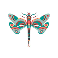 Vector illustration of dragonfly decorated with ethnic patterns.