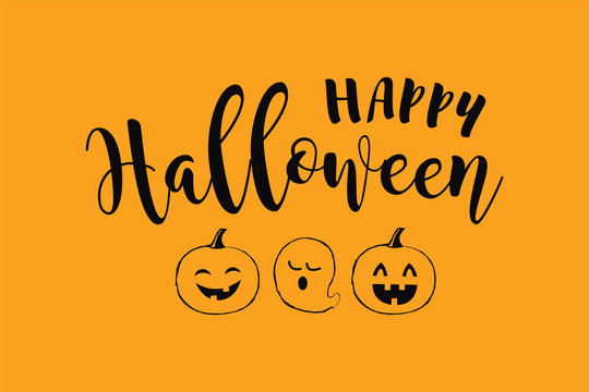 Happy Halloween vector text banner with funny spider, pumpkin and ghost.