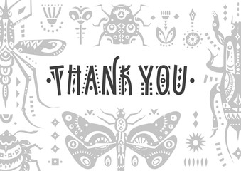 Vector poster "Thank you" with patterned insects and lettering.