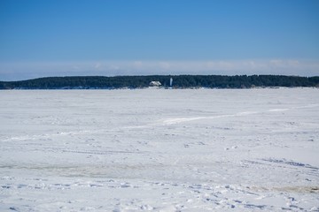 Lighthouse and hotel in the Rybinsk reservoir in the Yaroslavl region