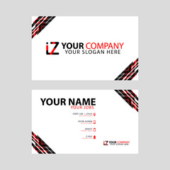 Horizontal name card with decorative accents on the edge and bonus IZ logo in black and red.