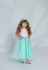  Beautiful little girl in mint dress. Girl with a wreath and flowers in a white room