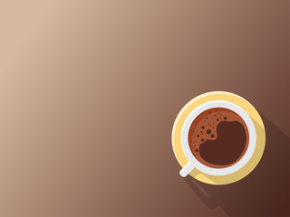 White cup of coffee with copy space. flat lay coffee mug top view on brown background. Vector illustrator.