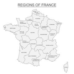 Interactive map of metropolitans French regions on white background.