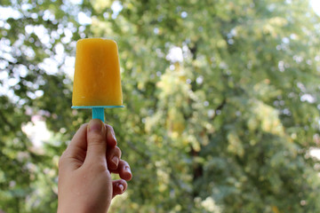 orange fruit ice cream in hand
