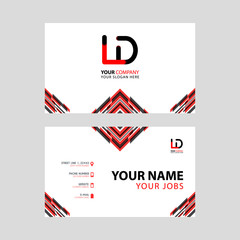 Horizontal name card with LD logo Letter and simple red black and triangular decoration on the edge.