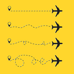 Airplane is in a dotted line. The waypoint is for a tourist trip. Vector illustration on a yellow background. Tourism and travel.
