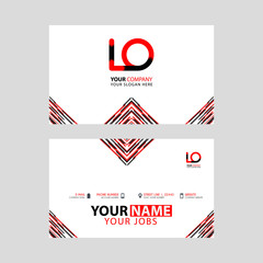 Horizontal name card with LO logo Letter and simple red black and triangular decoration on the edge.
