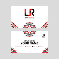 Horizontal name card with LR logo Letter and simple red black and triangular decoration on the edge.