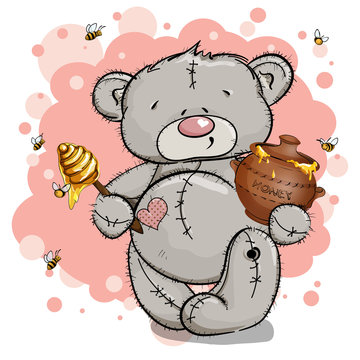 Happy bear holding a pot of honey