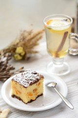 strudel with meat and mushrooms on a wooden board with flour