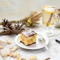 strudel with meat and mushrooms on a wooden board with flour
