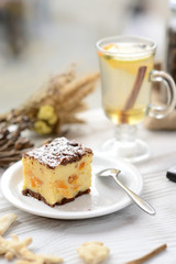 strudel with meat and mushrooms on a wooden board with flour