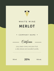Label for a bottle of wine, glasses and a bunch of grapes. Best quality grape varieties and premium wine brand names labels emblems isolated vector illustration. White wine label Merlot.